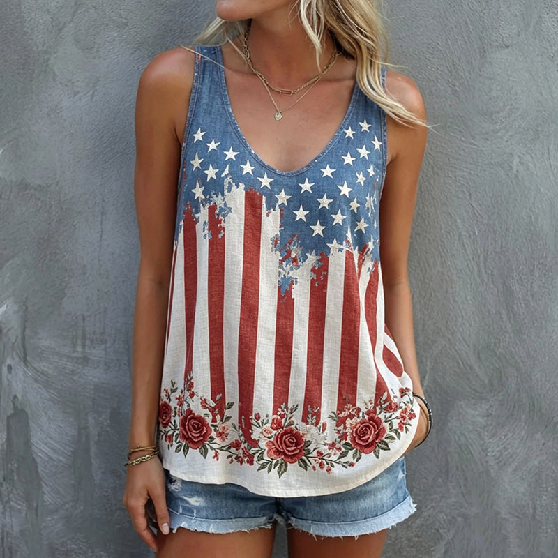  Women's Independence Day Flag Floral Print Casual Sleeveless Cotton Linen Vest Westsshops