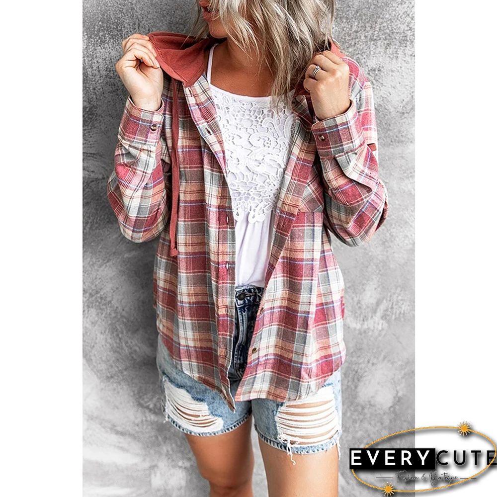 Red Plaid Print Hooded Shirt Jacket