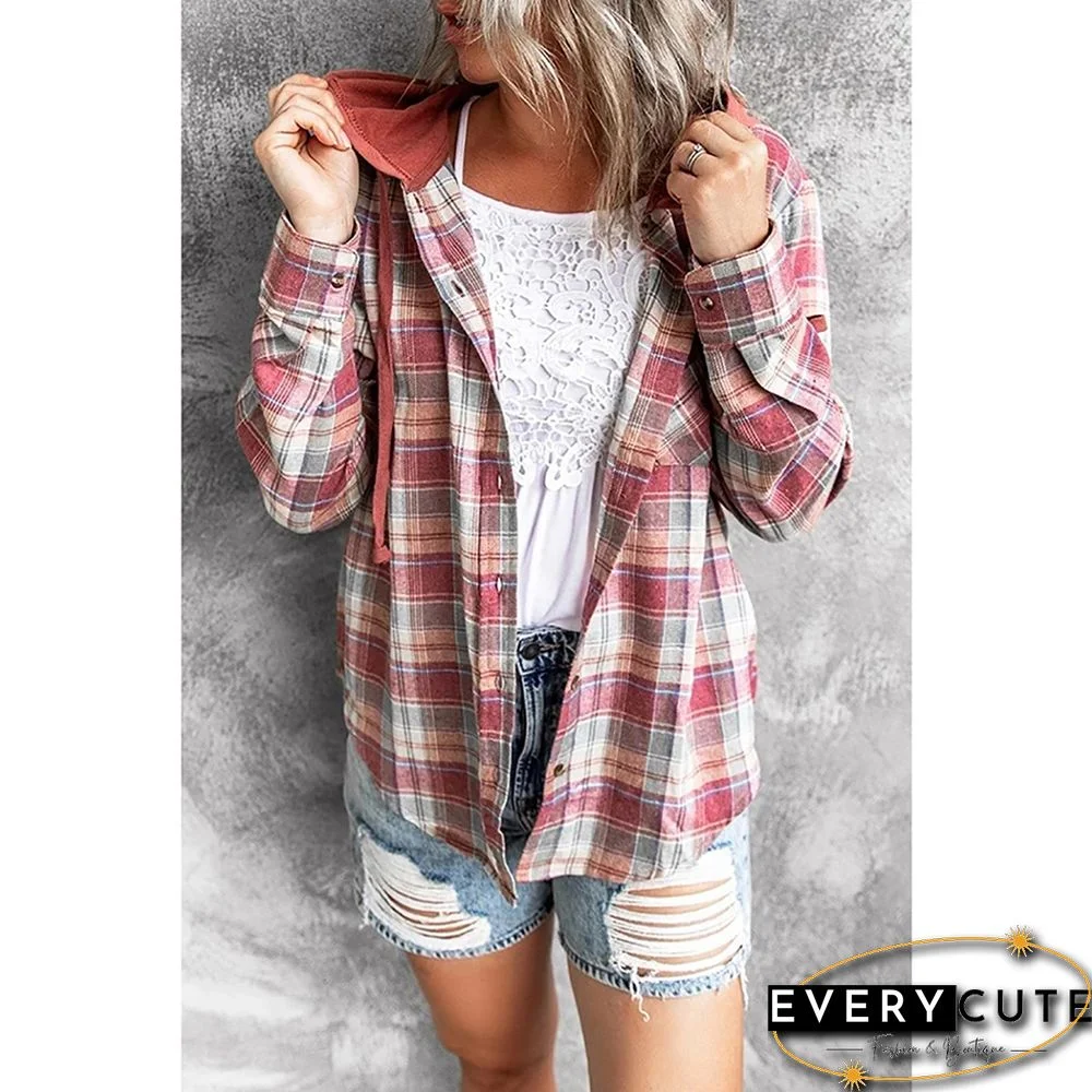 Red Plaid Print Hooded Shirt Jacket