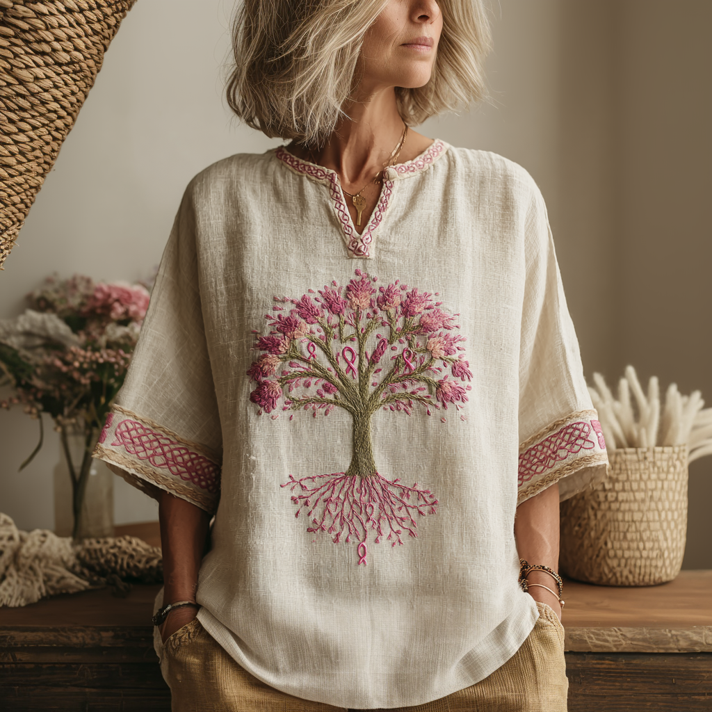 Women's Tree Of Life Pink Ribbon Small V Neck T-shirt