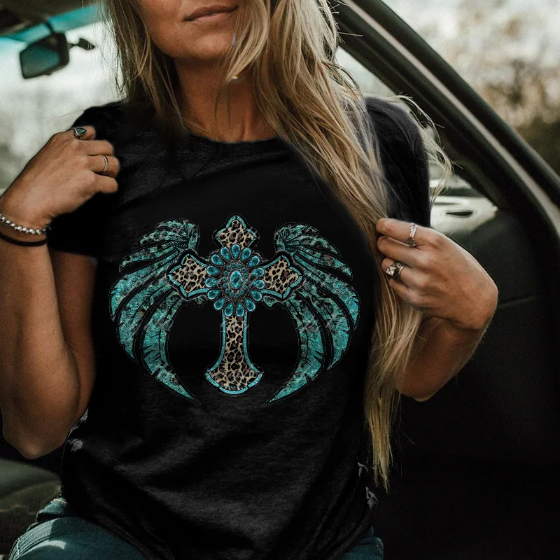 Turquoise Leopard Cross With Wings Printed Women's T-shirt