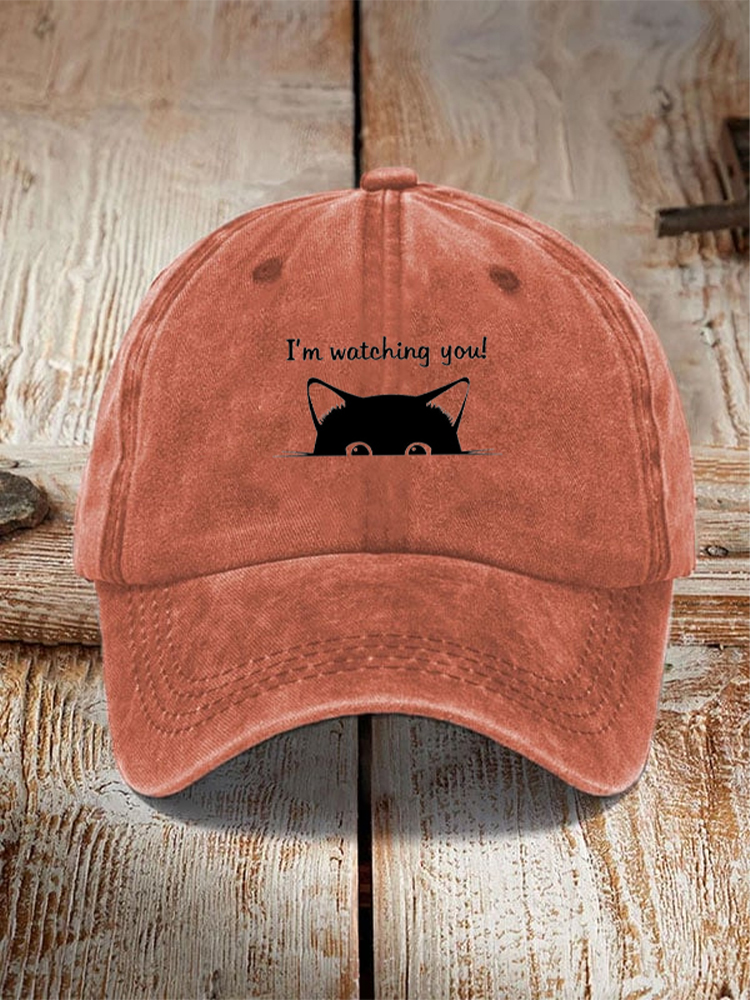 Comstylish I'm Watching You! Black Cat Print Washed Hat