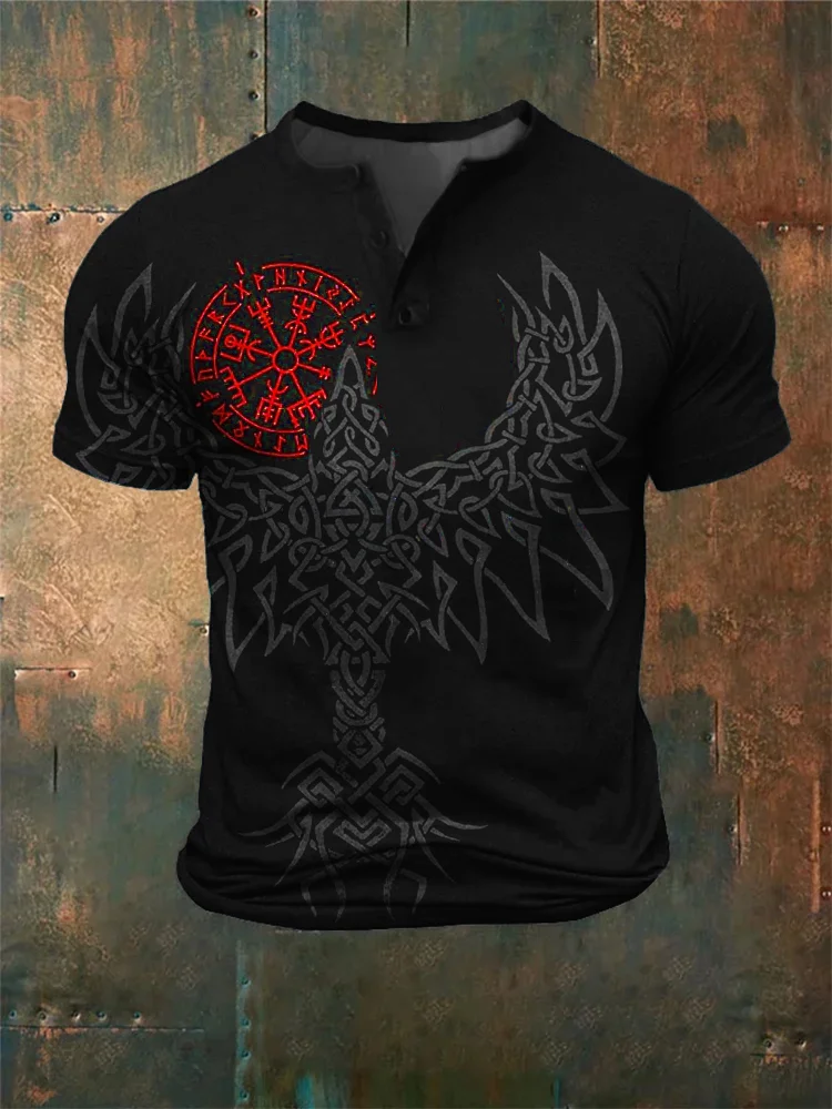 Men's Viking Vegvisir Celtic Raven Graphic Henley Shirt