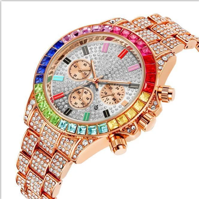Luxury Brand Gold Men Watch Colored Diamonds Quartz Hiphop Clock-VESSFUL