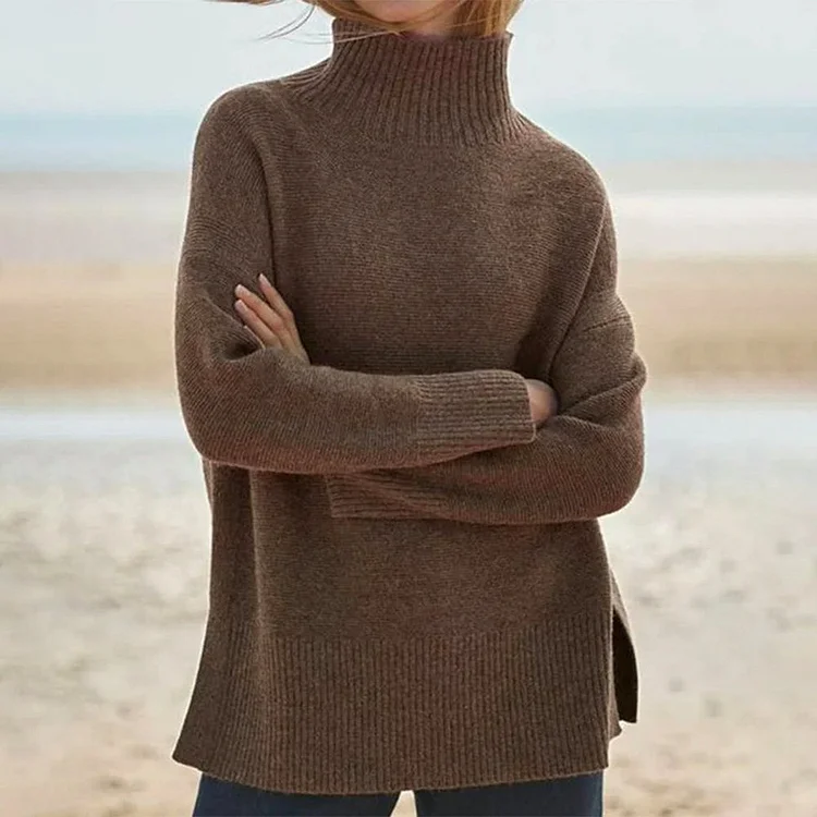 Brown Plain Mock Neck Sweater