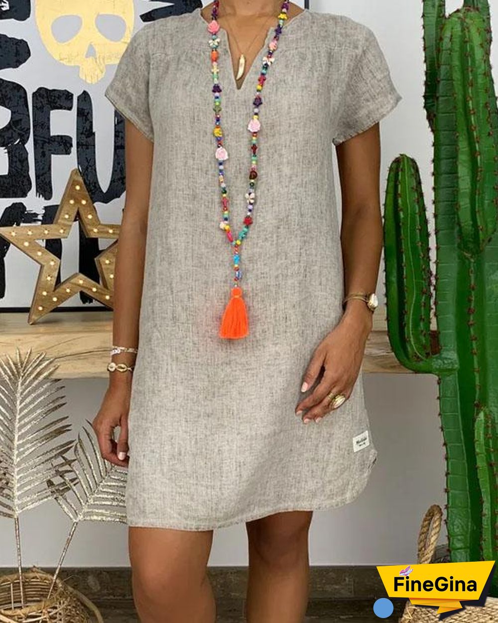 Simple V Neck Linen Mini Dress