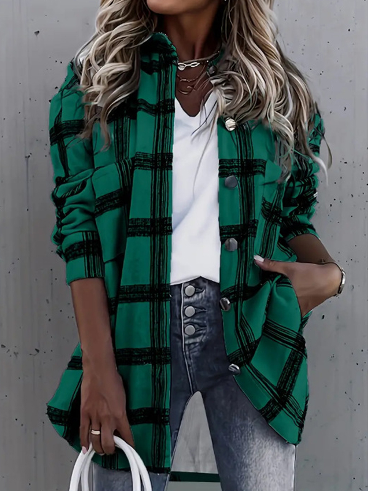 Ladies Classic Plaid Casual Button Fashion Shirt Jacket