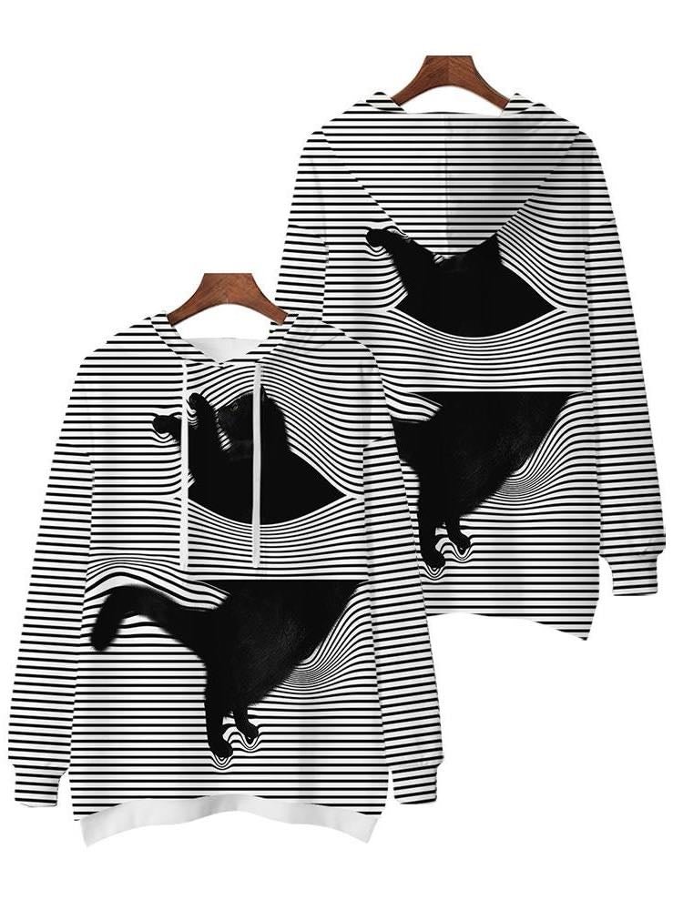 Autumn And Winter Women'S New Striped Cat Hooded Sweater