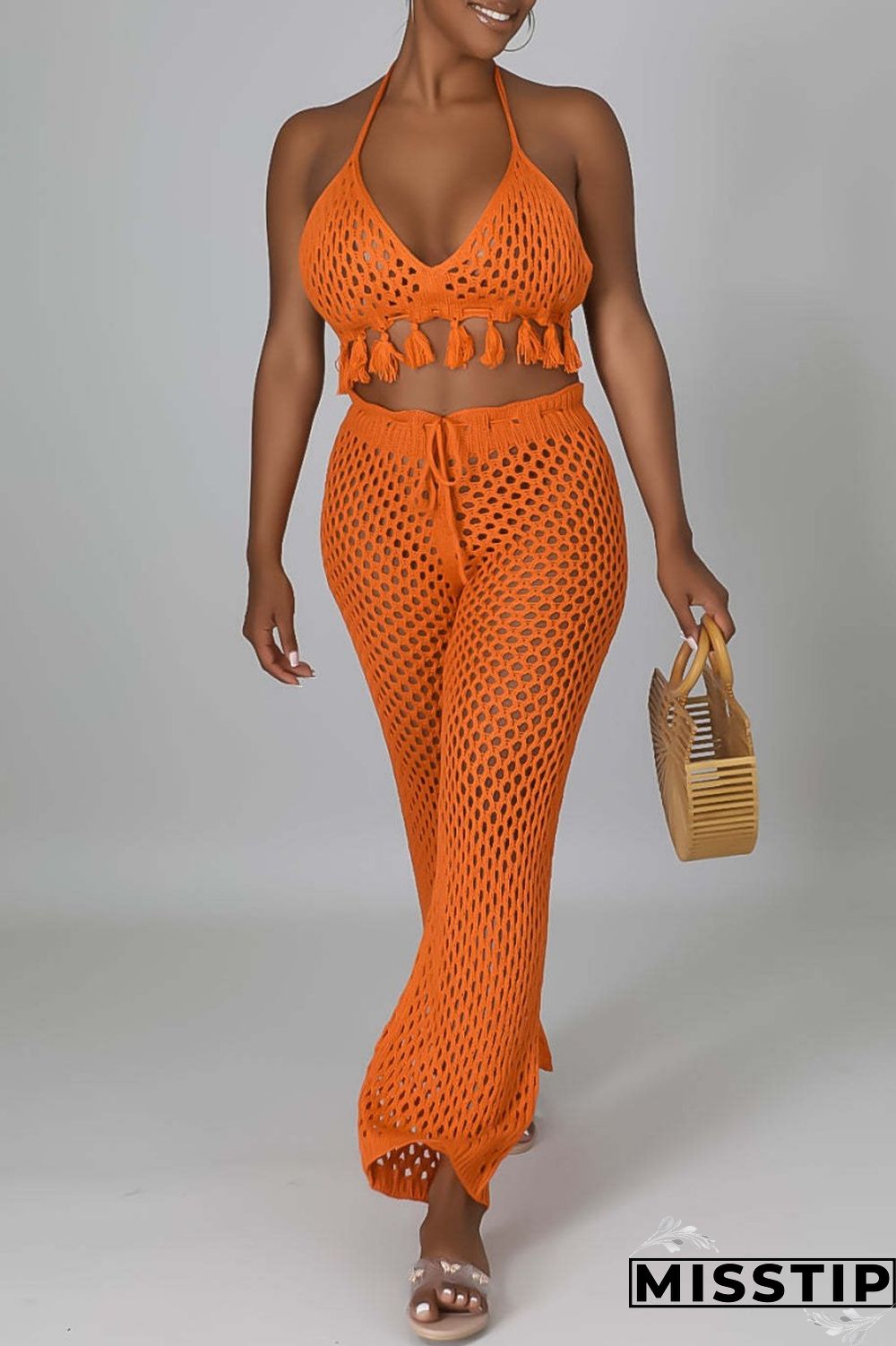 Orange Sexy Solid Bandage Hollowed Out Backless Halter Sleeveless Two Pieces