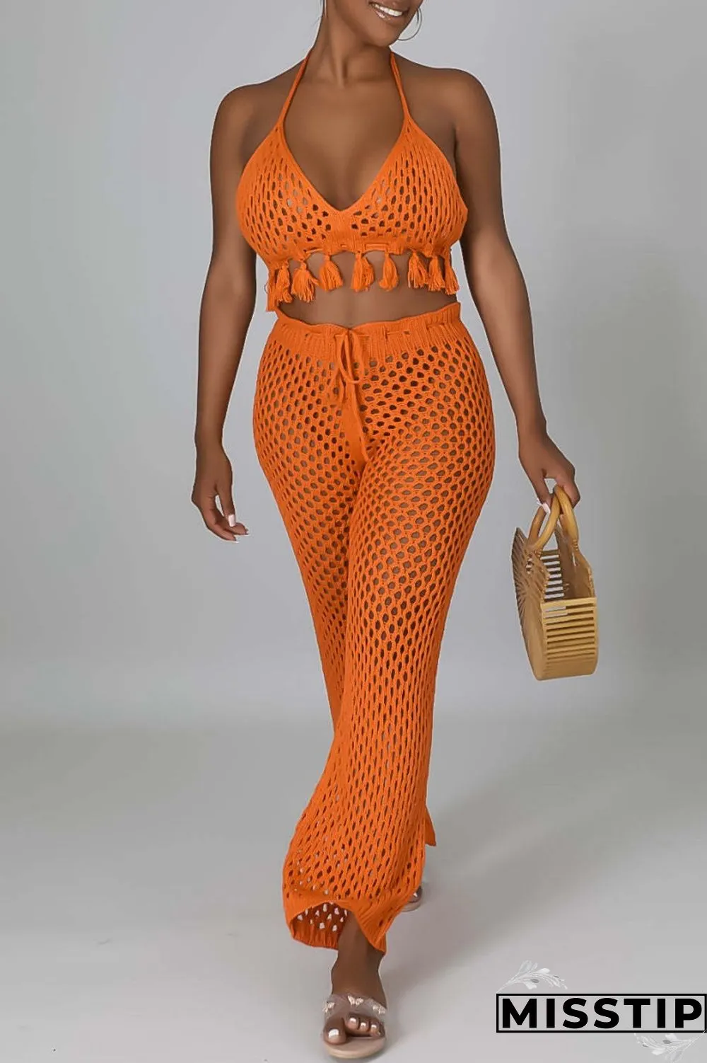 Orange Sexy Solid Bandage Hollowed Out Backless Halter Sleeveless Two Pieces