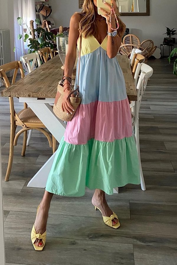 V-neck Colorblock Big Swing Vacation Dress