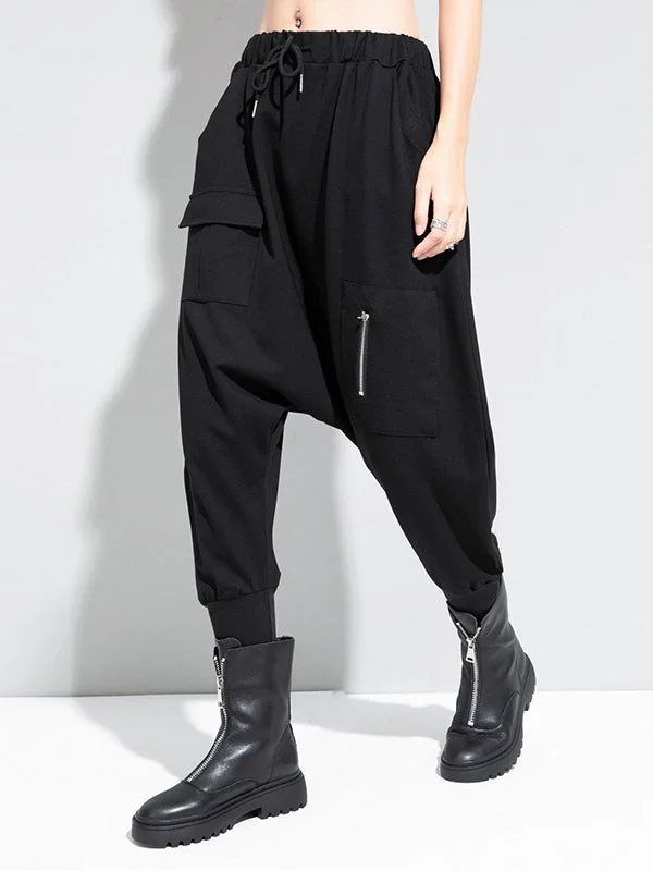 Simple Black Elasticity Pocket Zipper Decor Harem Pants