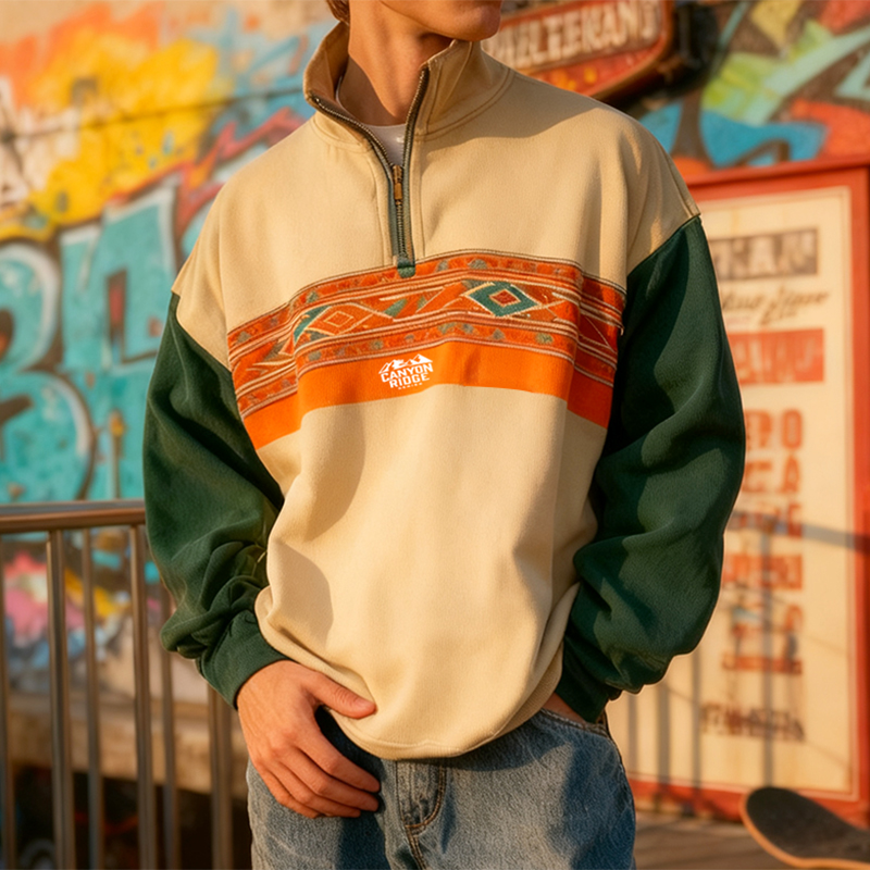 Stylish Half-Zip Pullover with Colorful Tribal Design for Men