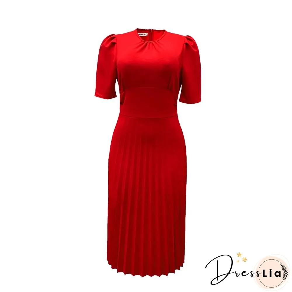 Short Sleeve Pleated Solid Color Plus Size Dress