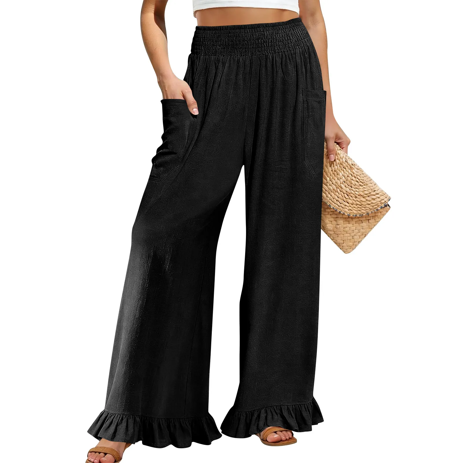 Women Smocked Elastic High Waist Ruffle Hem Wide Leg Pants