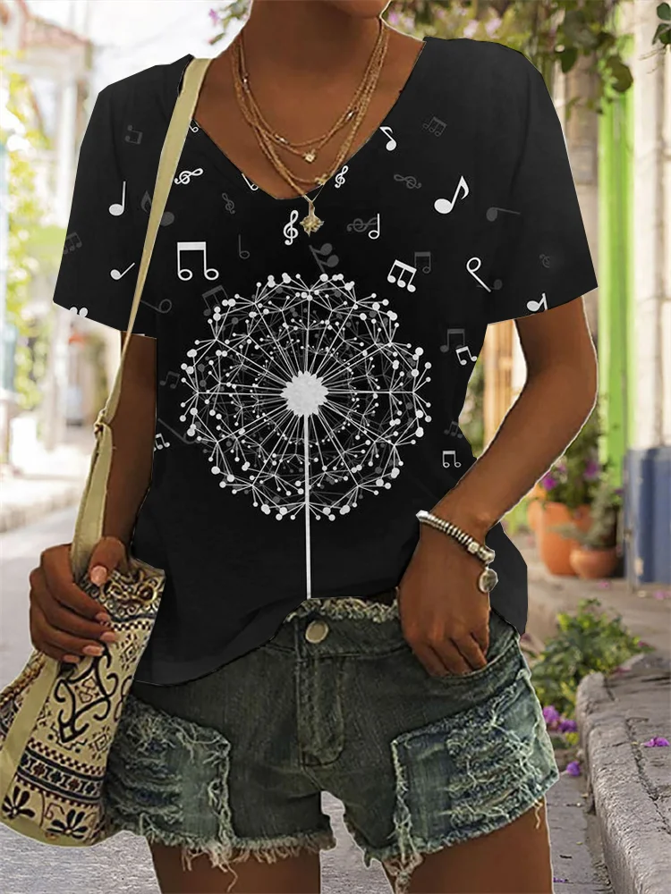 Musical Notes Dandelion V Neck Comfy T Shirt