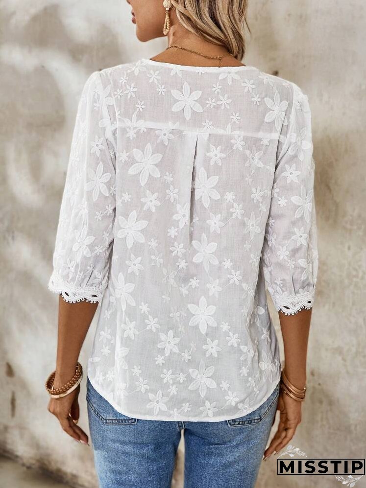 Women's Summer Loose Fit Floral And Striped Vacation Shirt With V-Neckline And Curved Hem