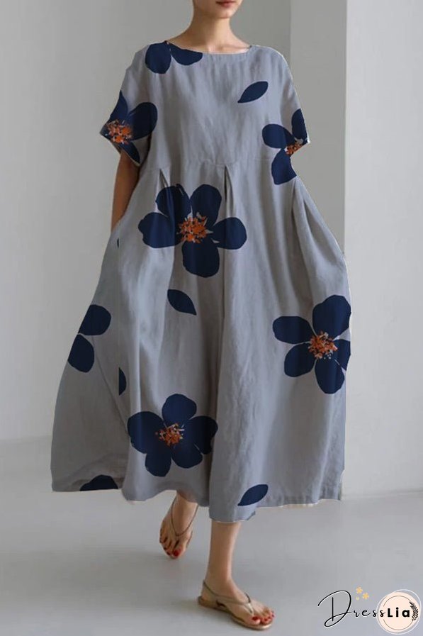 Women's spring and summer casual loose round neck floral skirt dress