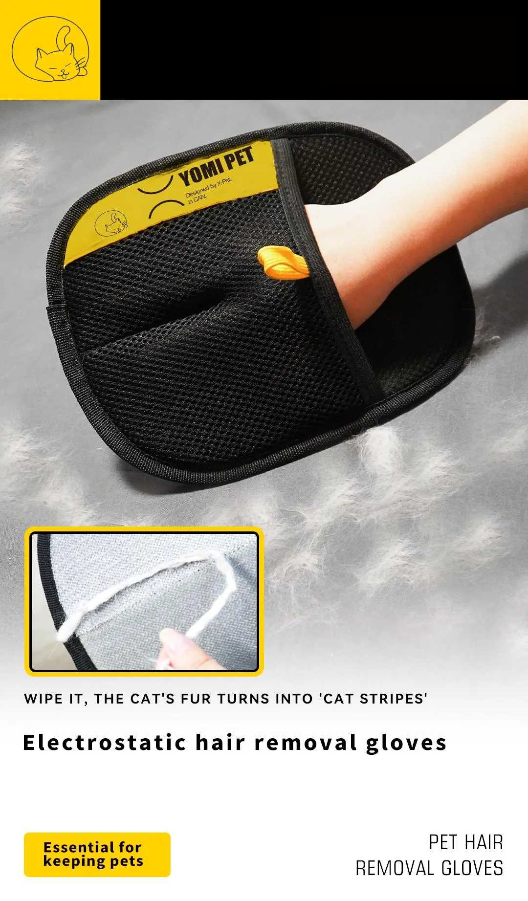 YOMI PET hair remover Electrostatic gloves Two-way brush sticky hair remover Cat hair dog hair glover Grooming   Removal   Cleaning
