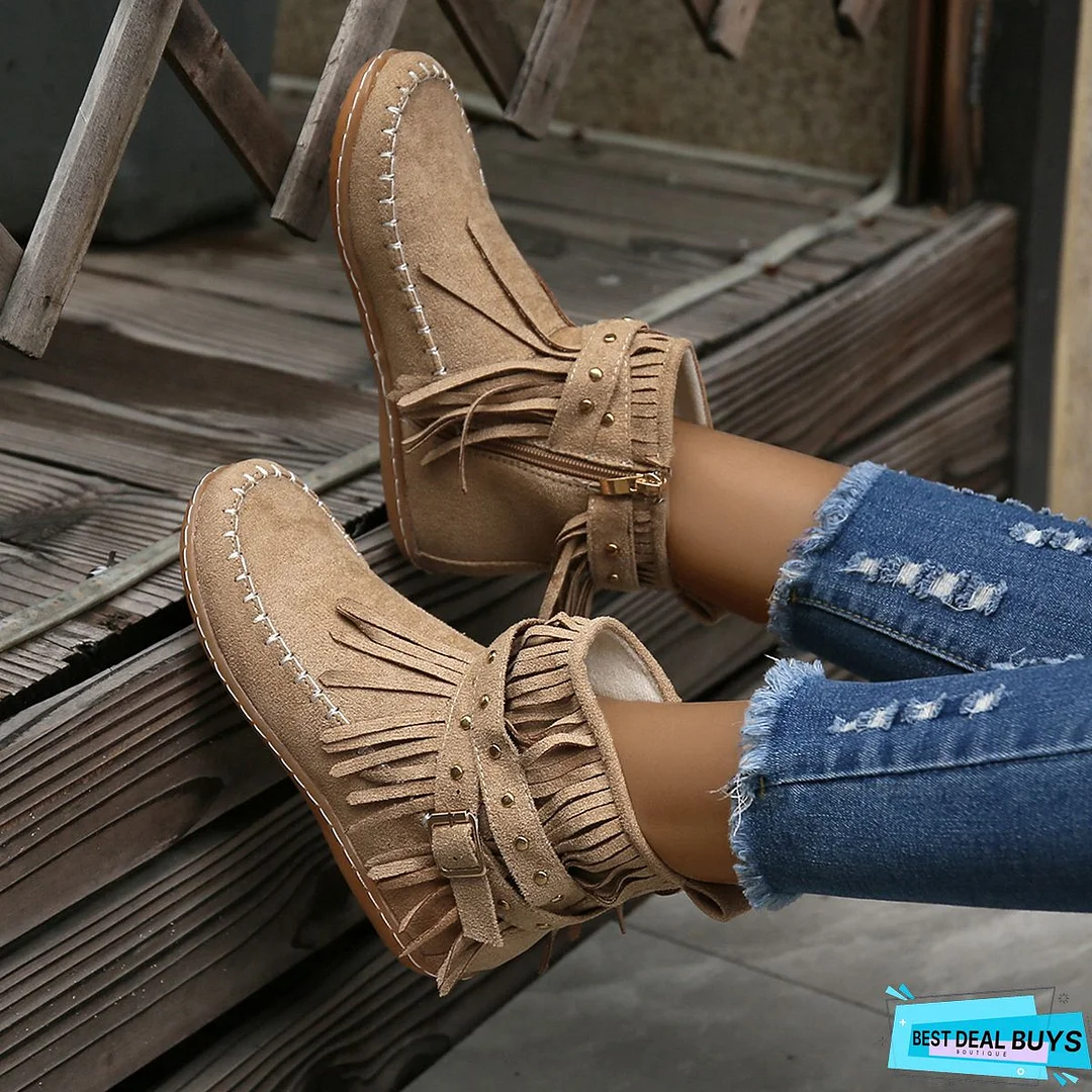 Brown Winter Flat Heel Tassel Boots