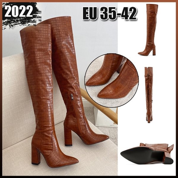 2022 Fashion Embossed Women High Heel Boots Designer Chunky Heel Shoes Microfiber Leather Long Boots Over-the-Knee Botas Mujer - Shop Trendy Women's Clothing | LoverChic