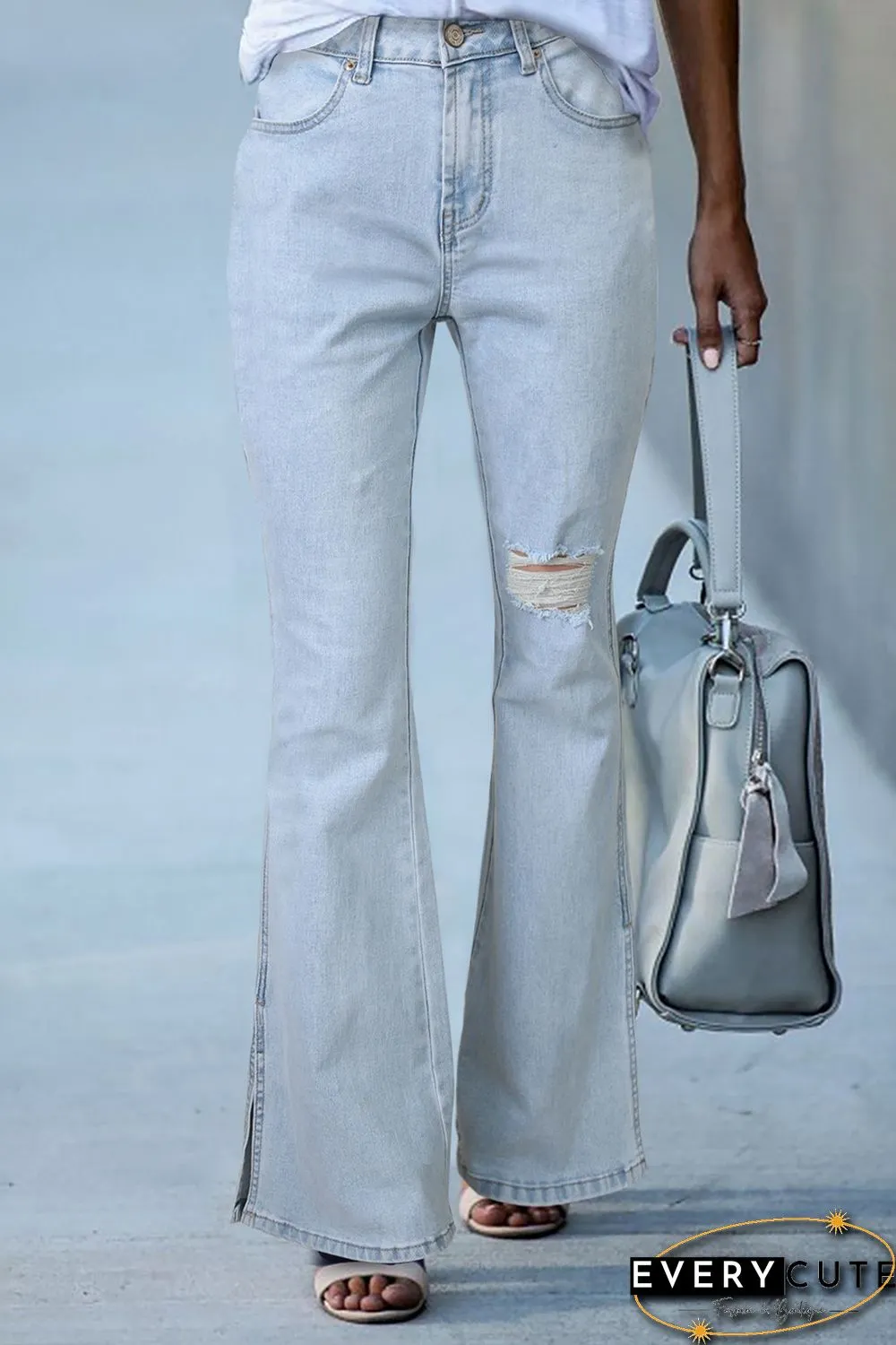 Sky Blue Black Ripped Slit Legs Flare Jeans