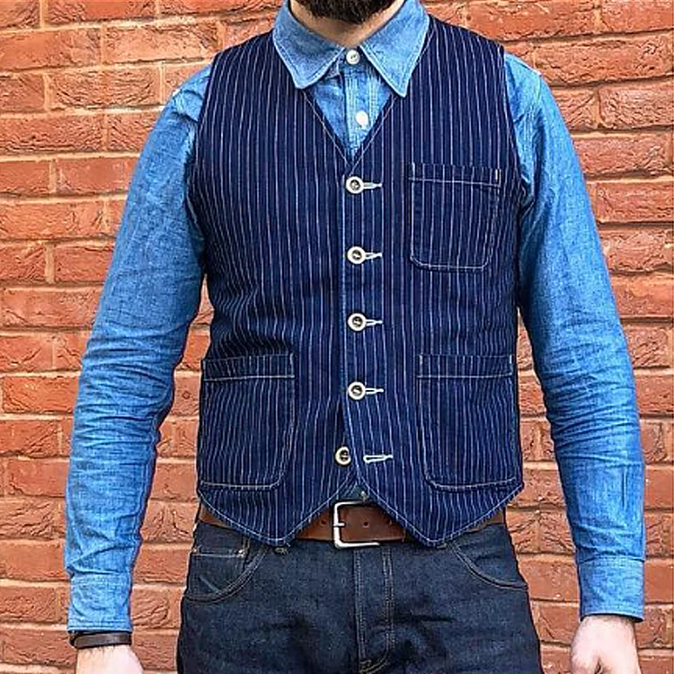 Vintage Striped Denim Single Breasted Vest