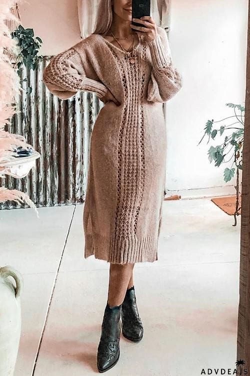 Hollow V Neck Long Sleeve Sweater Dress