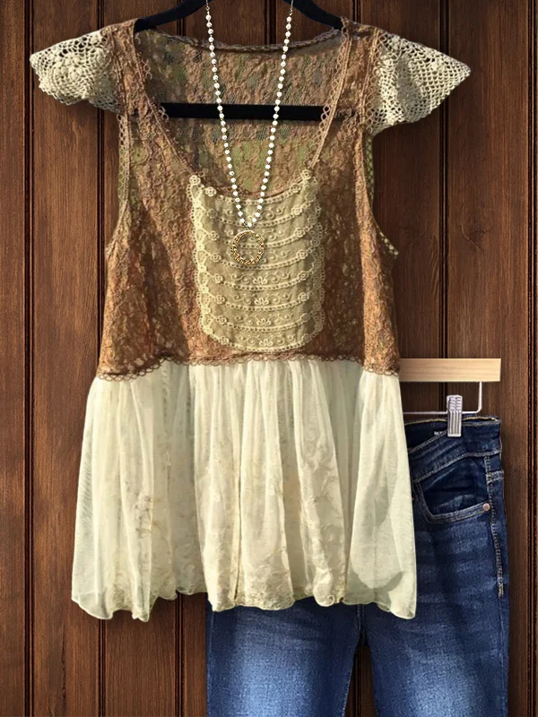 Retro Elegant Lace Stitching Short Sleeve Top