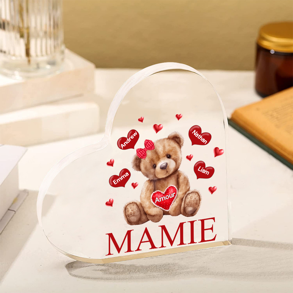 À ma Maman/Mamie - Plaque Acrylique Ours en Forme de Cœur 4 Prénoms Personnalisés avec 1 Texte