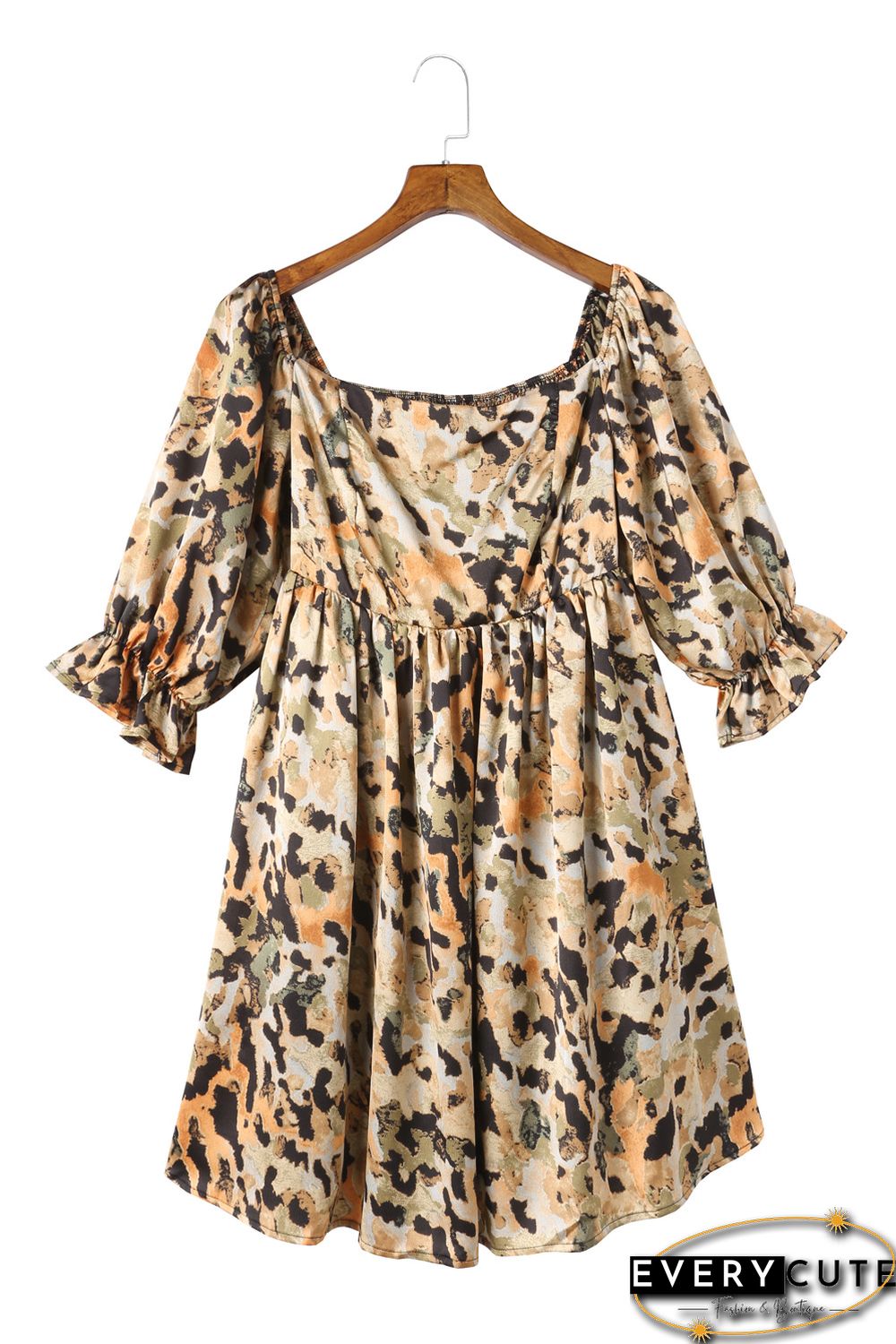 Multicolor Abstract Print Shirred Half Sleeve Square Neck Mini Dress