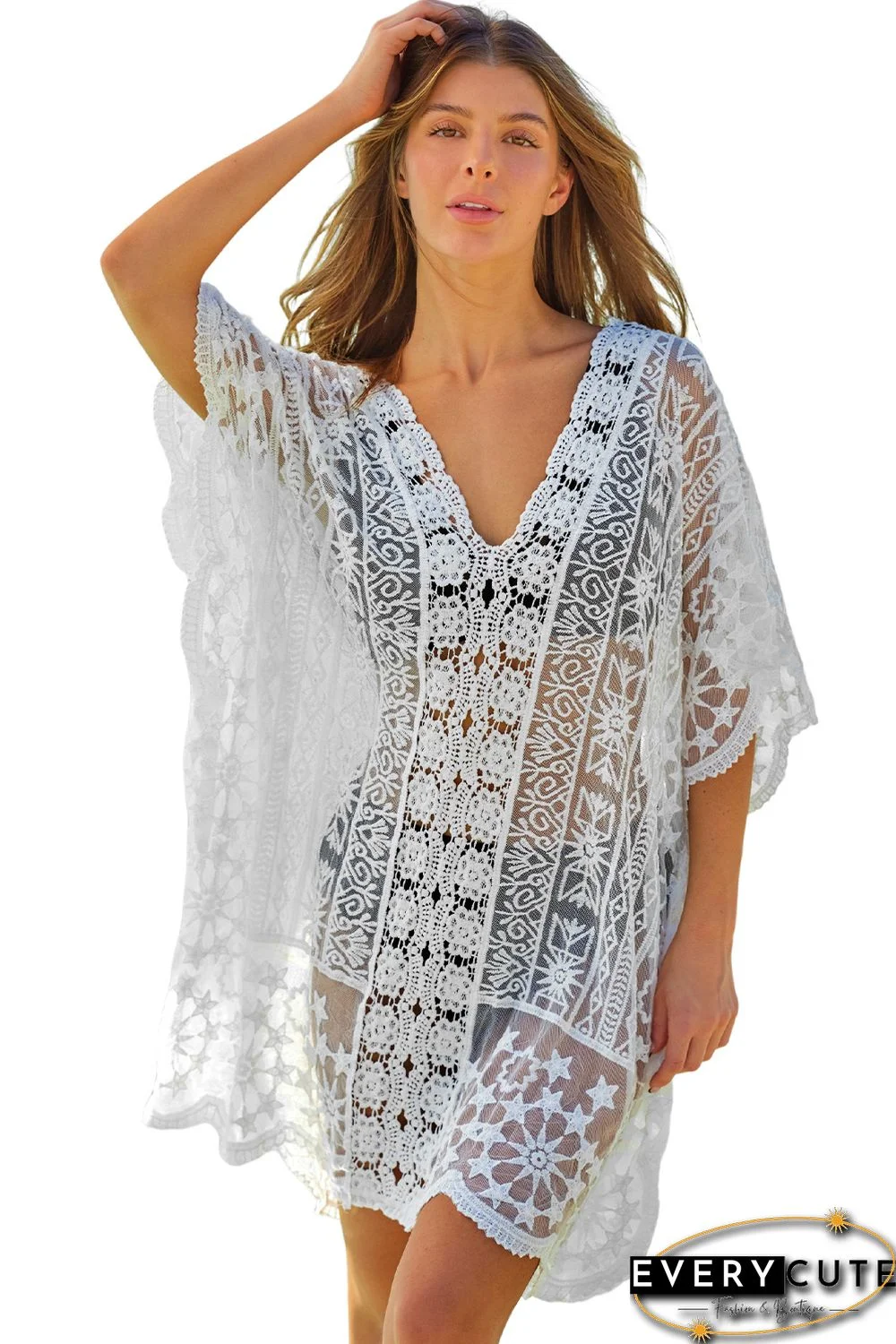 White Floret Trim V Neck Sheer Lace Beach Dress