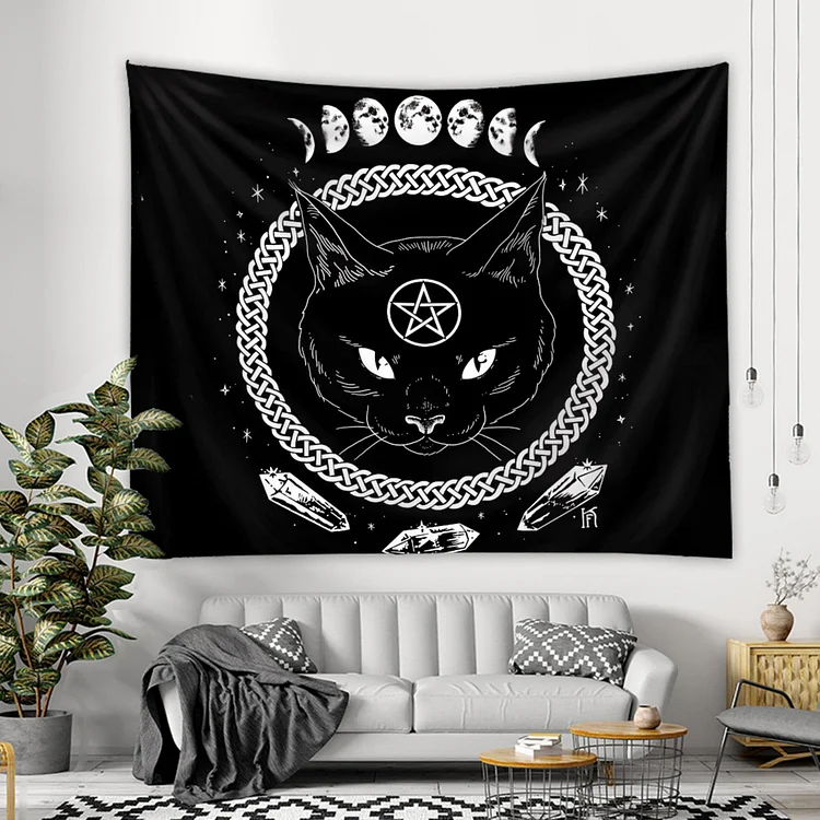 Olivenorma Black Cat Witch Moon Phase Pattern Tapestry
