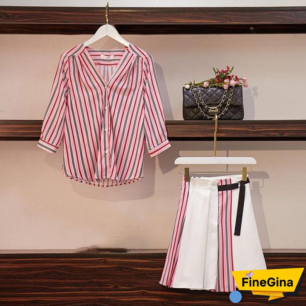Fashion Stripe Blouse + Splice Skirt P11718