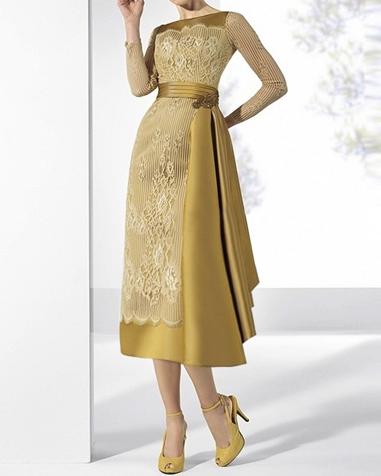 Women's Yellow Irregular Fit Lace Satin Dress