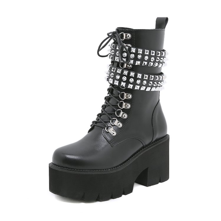 Motor Metal Rivets Straps Lace Up Round Toe Industrial Chunky Heel Platform Boots