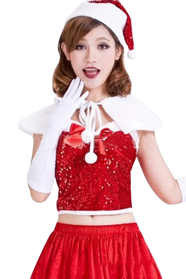 Womens Sexy Sequin Bow Shawl Off Shoulder Christmas Santa Costume Red-elleschic