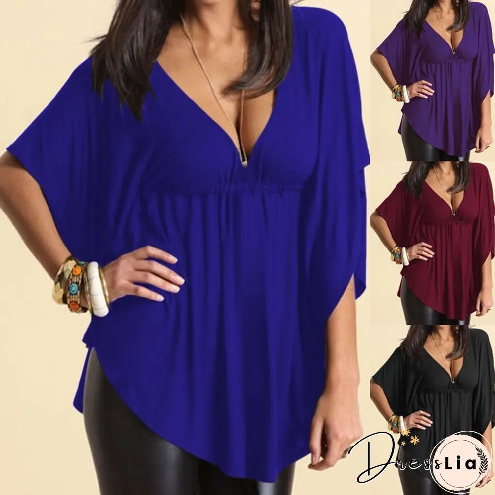 Plus Size Sexy Femmes V Neck Summer vrac Blouse manches Batwing Shirt Tops Casual