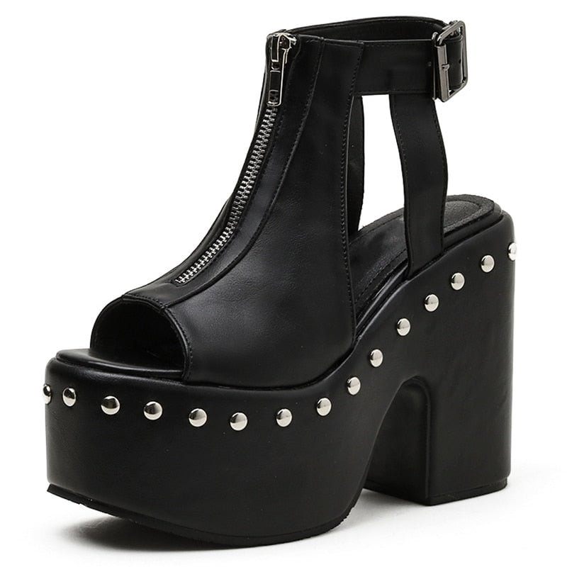 Gdgydh Platform High-Heeled Shoes Women Bucke Strap Open Toe Hot INS Punk Cool Gothic Women's Sandals Hollow Out Chunky Heel