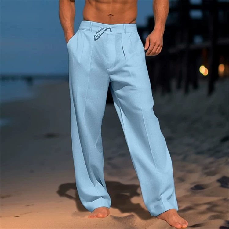 Men's Casual Solid Color Cotton And Linen Comfortable Vacation Trousers