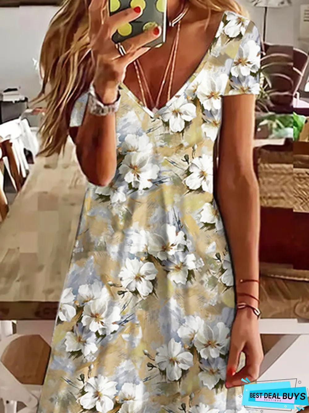 Casual Floral Loosen V Neck Midi Dress