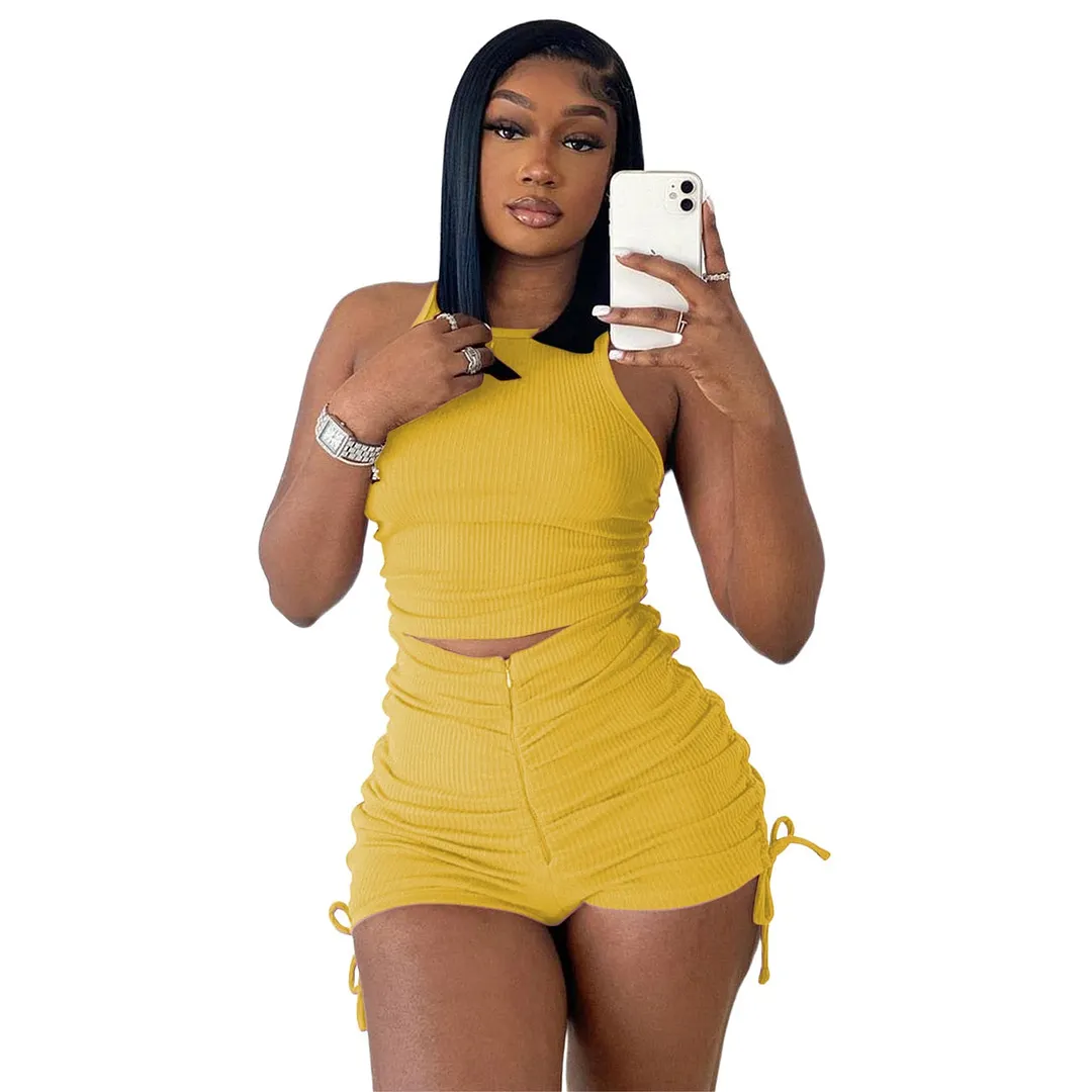 Women Summer Shorts Sets Casual Solid Color Two Pieces Ribbed Sports Suits Sleeveless Crop Tank Tops High Waist Zip Shorts