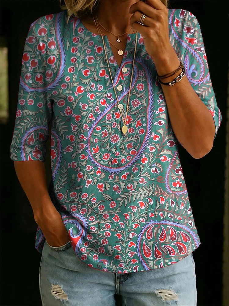 Women&rsquo;s Floral Pattern Art Casual Classic Henley Collar 100% Cotton T-shirt