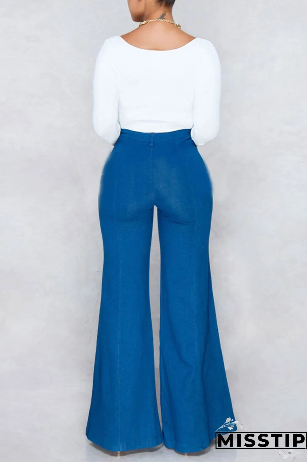 Dark Blue Fashion Casual Solid Basic High Waist Boot Cut Jeans