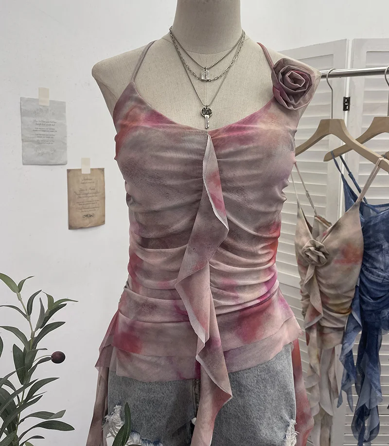 Uveng Asymmetrical Lotus Leaf Side Flower V-Neck Sling Vest Dyed Mesh Cross-Sleeveless Top 6109