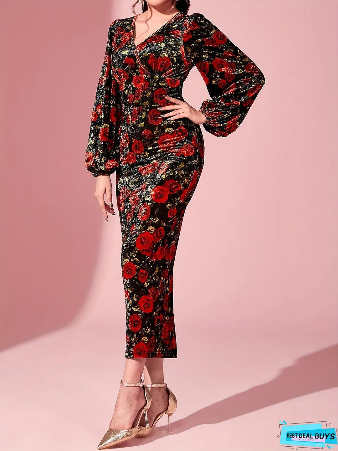 Floral Print Surplice Neck Dress, Elegant Lantern Sleeve Bodycon Dress, Women's Clothing