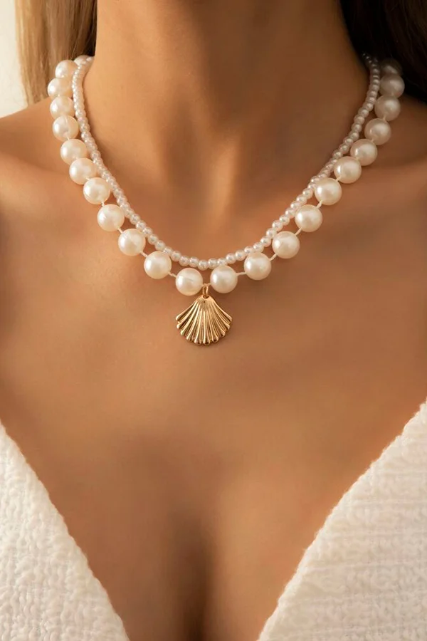 Beach Resort Metal Shell And Pearl Necklace