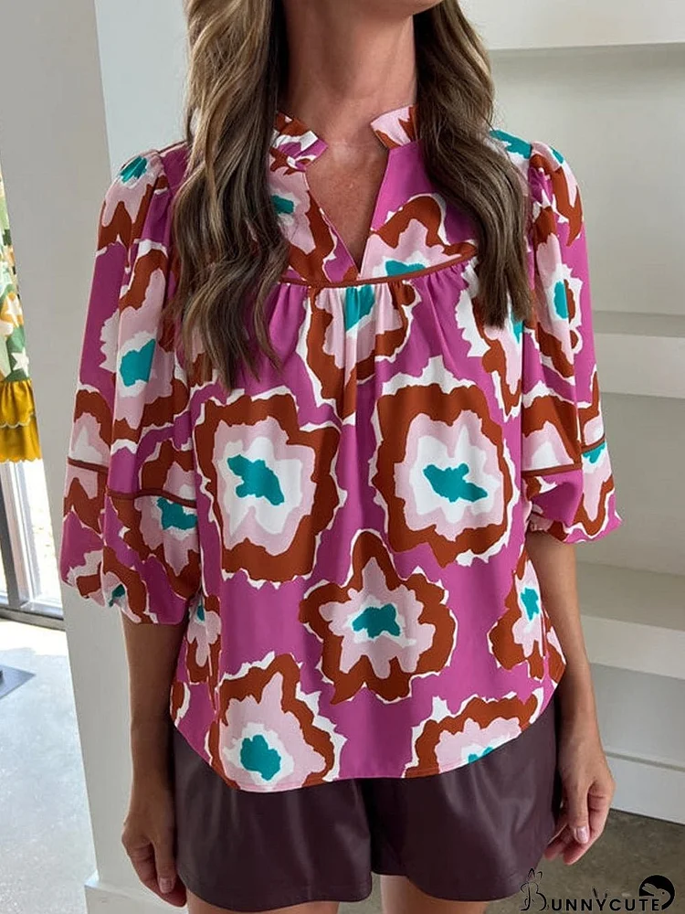 Graceful Pink Abstract Pattern V-Neck Blouse