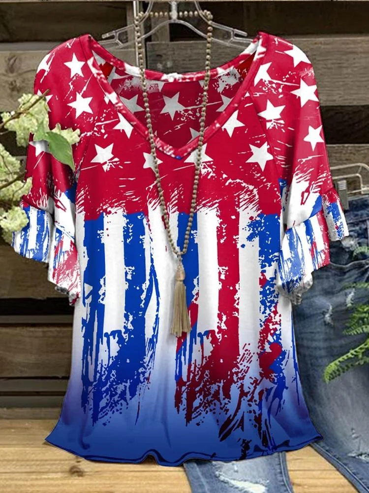 Women's Summer Fashion Round Neck Ruffle Sleeve Pentagram Stripe Print Short Sleeve T-Shirt