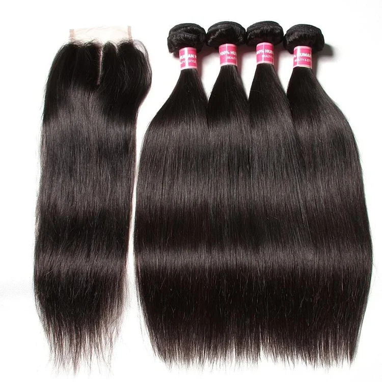 Peruvian Straight Hair 4 Bundles with Lace Closure Deals- Hair